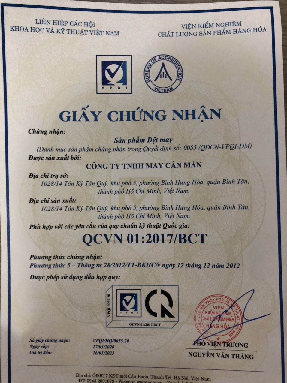 Chứng nhận - Khẩu Trang Vải Kháng Khuẩn - Công Ty TNHH May Cần Mẫn